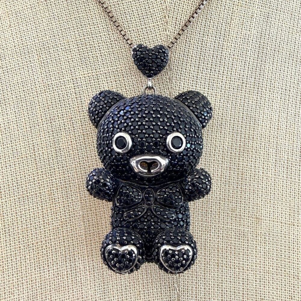 Italian Sterling Silver Black Pave Teddy Bear Pendant Necklace 925 Italy